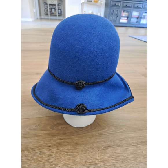 Vintage Royal Blue Wide Brim Wool‎ Felt Hat with Black Trim Occasion Formal main image 4